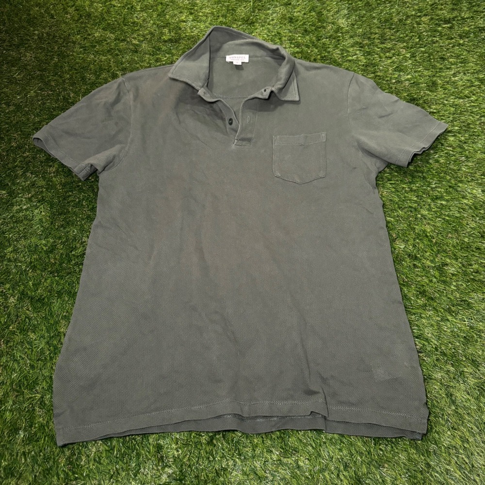 Sunspel Riviera Polo Shirt Mens Medium Olive Green Cotton Pique Chest Pocket